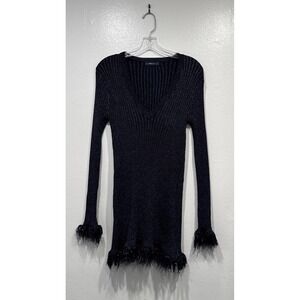 Zara Knit Mini Dress Blue Metallic Shimmer Fringe V Neck Party Glam Boho Chic M